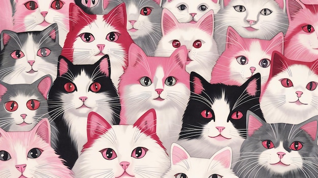 Patrón sin fisuras de lindos gatos en colores rosa y negro