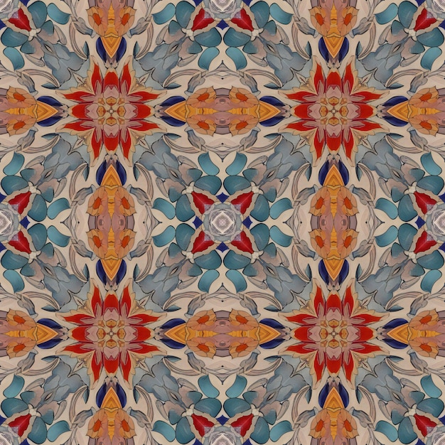 Patrón sin fisuras con mandalas en colores azul y rojo