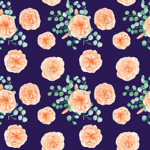 Patrón sin fisuras con melocotón y naranja con flor de Austin English Rose y eucalipto
