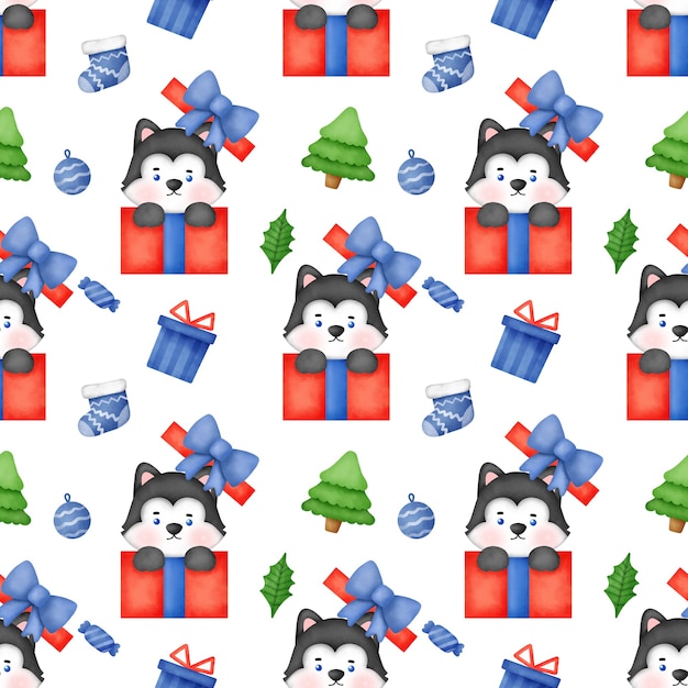 Patrón sin fisuras con perro husky siberiano de Navidad con sombrero de santa.