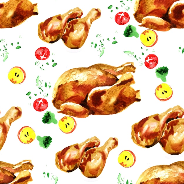 Patrón sin fisuras de pollo frito acuarela sobre fondo blanco