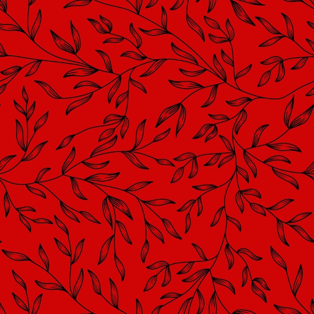 Patrón sin fisuras de ramas estilizadas con hojas sobre fondo rojo