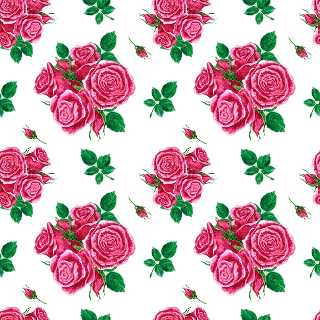 Patrón sin fisuras de rosas dibujadas a mano Composición de flores de color rosa acuarela sobre fondo blanco