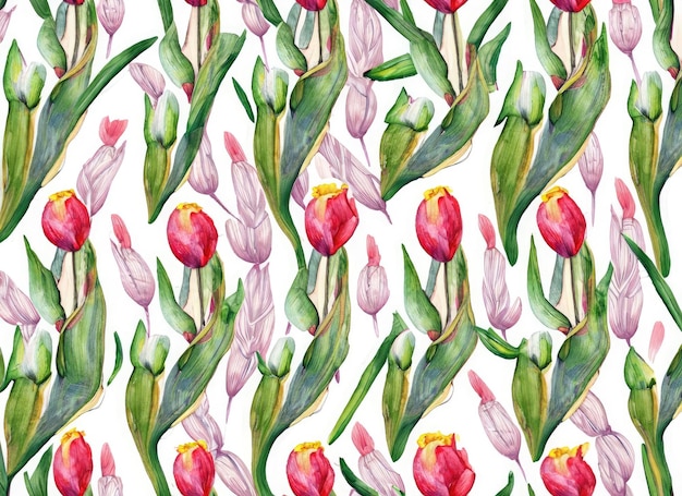 Patrón sin fisuras con tulipanes y hojas