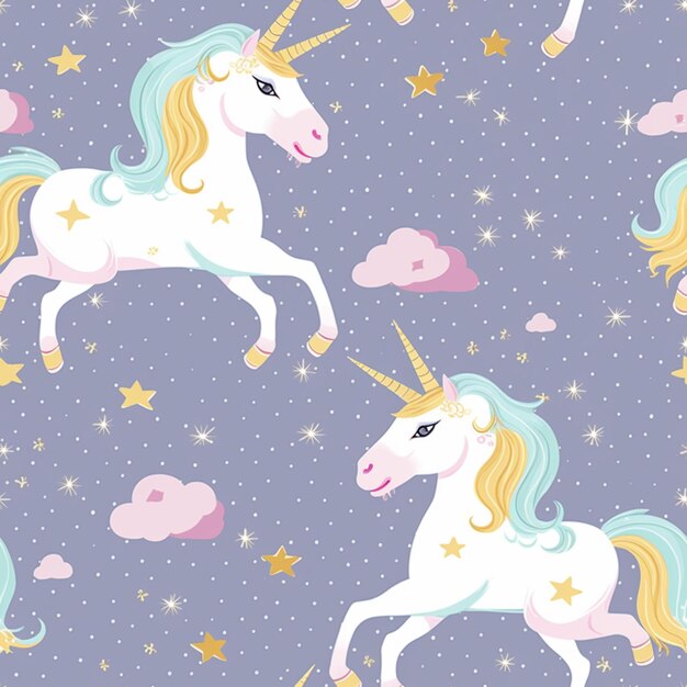 patrón sin fisuras con unicornios y estrellas en un fondo púrpura generativo ai