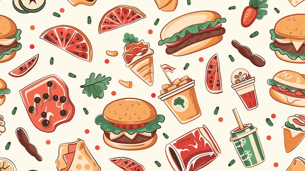 Un patrón sin fisuras de varios alimentos, incluidas las hamburguesas, los perritos calientes, la pizza, la sandía y las bebidas