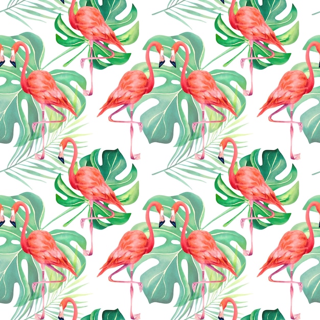 Patrón de flamenco y monstera Mosaico Collage Ilustración acuarela Aves tropicales Aves exóticas