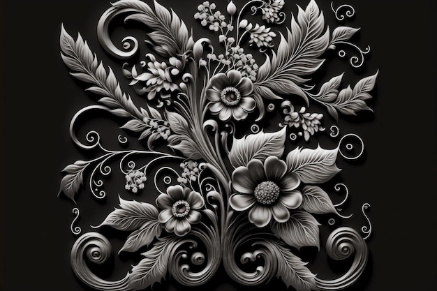 Patrón floral abstracto gris oscuro con hermosas flores caladas vintage