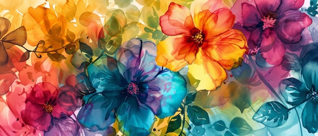 Patrón floral en acuarela con un brillante arco iris de colores Diseño brillante y armonioso