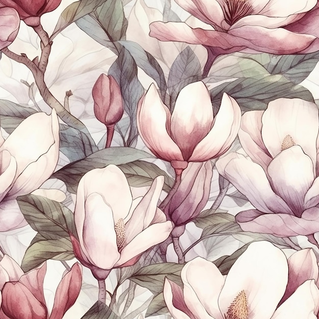 patrón floral acuarela con flores de magnolia