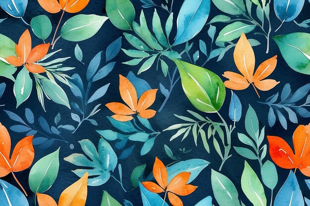 Patrón floral acuarela transparente con fondo de hoja en colores azul, naranja y verde