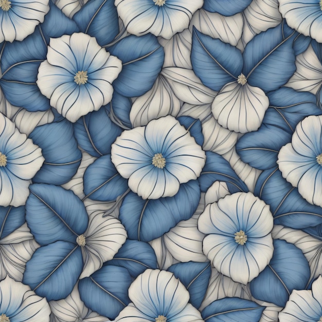 Un patrón floral azul y blanco con flores azules.