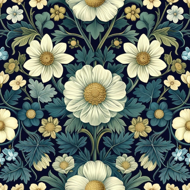 un patrón floral azul y blanco con flores y las palabras margaritas