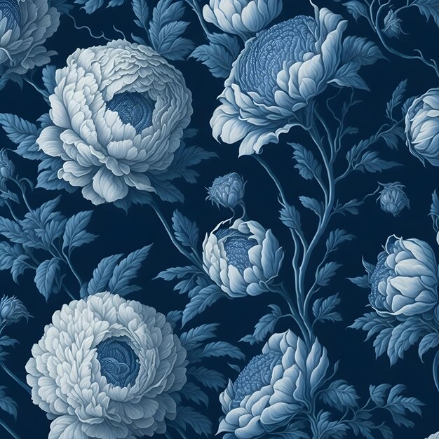 un patrón floral azul y blanco en un fondo oscuro