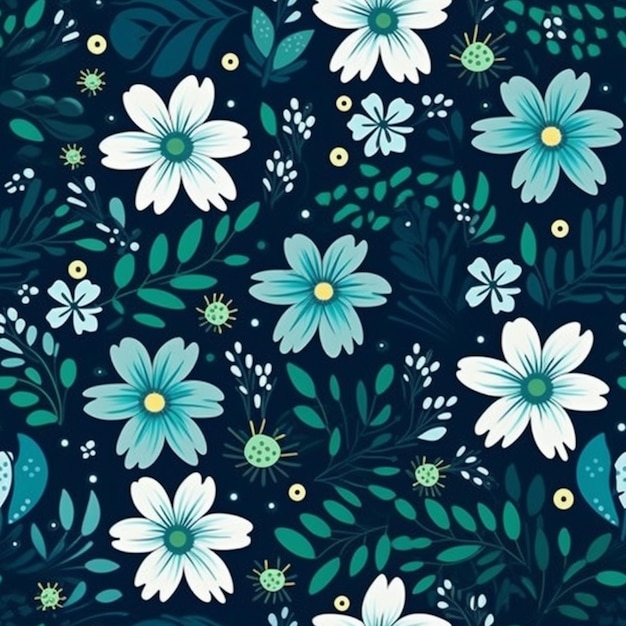 un patrón floral azul y blanco con hojas verdes y flores ai generativo
