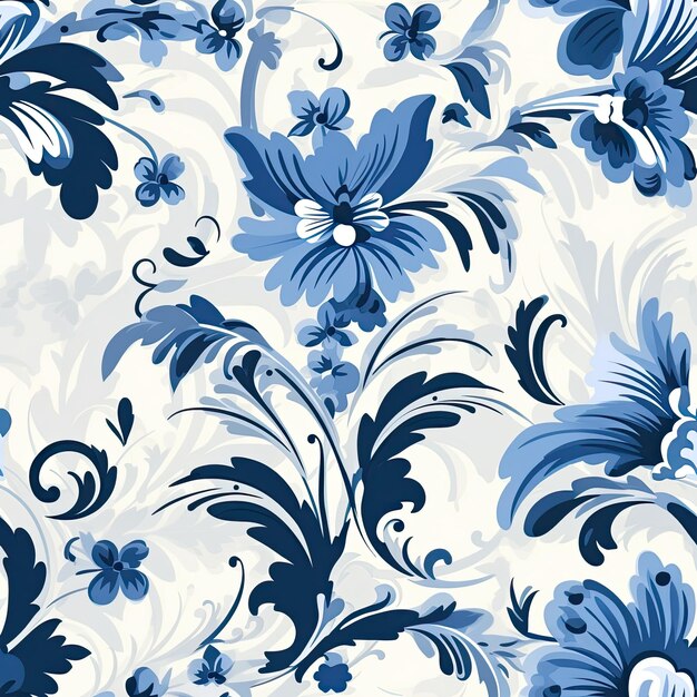 un patrón floral azul y blanco se muestra en una habitación