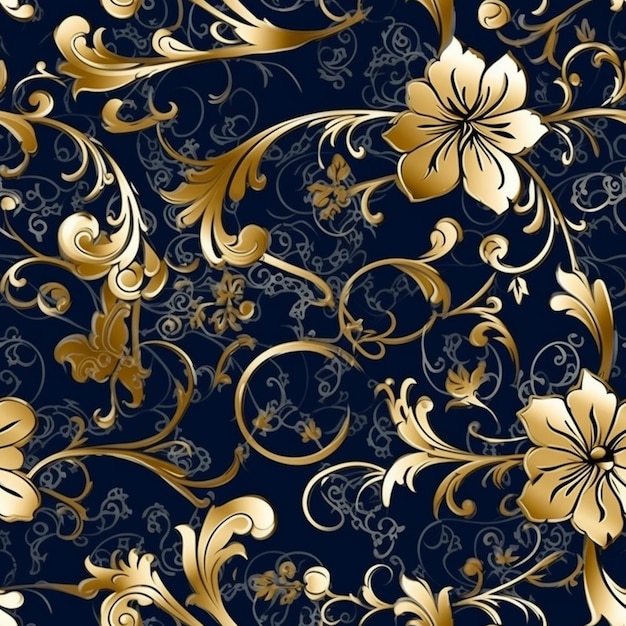 Un patrón floral azul y dorado con flores.