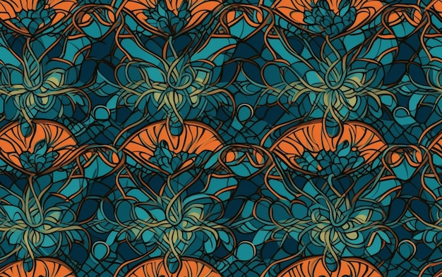 un patrón floral azul y naranja con una mariposa ai generativo