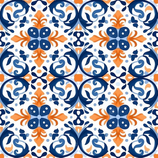 Un patrón floral azul y naranja con puntos en un ai generativo de fondo blanco