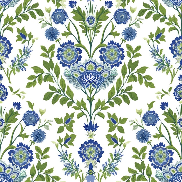 patrón floral en azul y verde con un corazón y flores