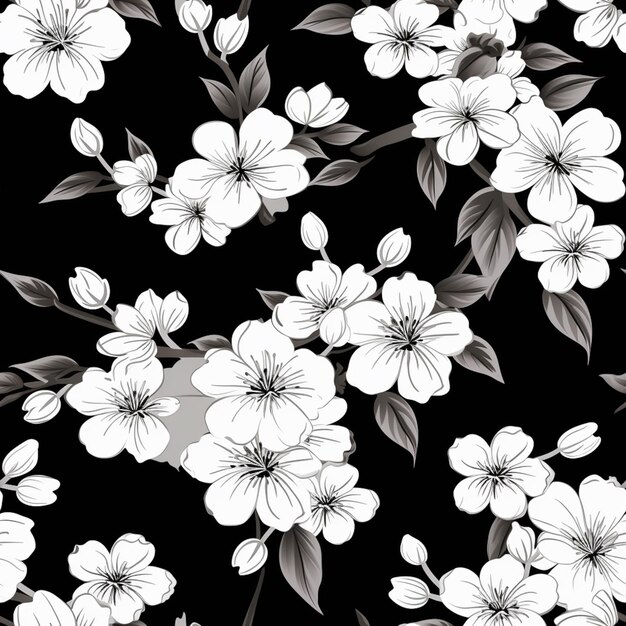 un patrón floral blanco y negro con flores en un fondo negro generativo ai