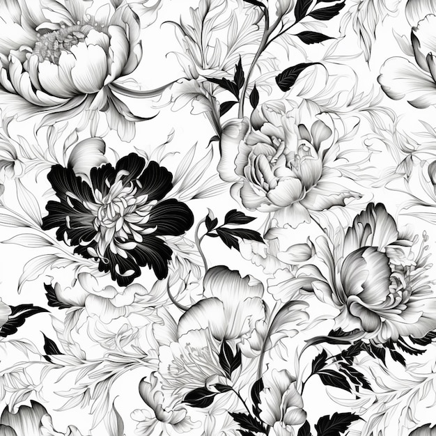 un patrón floral blanco y negro con flores sobre un fondo blanco ai generativo