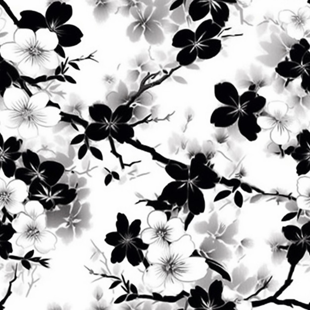 Un patrón floral blanco y negro con flores sobre un fondo blanco ai generativo
