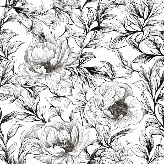 un patrón floral blanco y negro con hojas y flores ai generativo