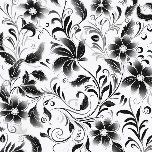 Foto un patrón floral blanco y negro con remolinos y flores generativas ai