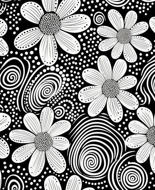 un patrón floral en blanco y negro con remolinos y puntos ai generativo