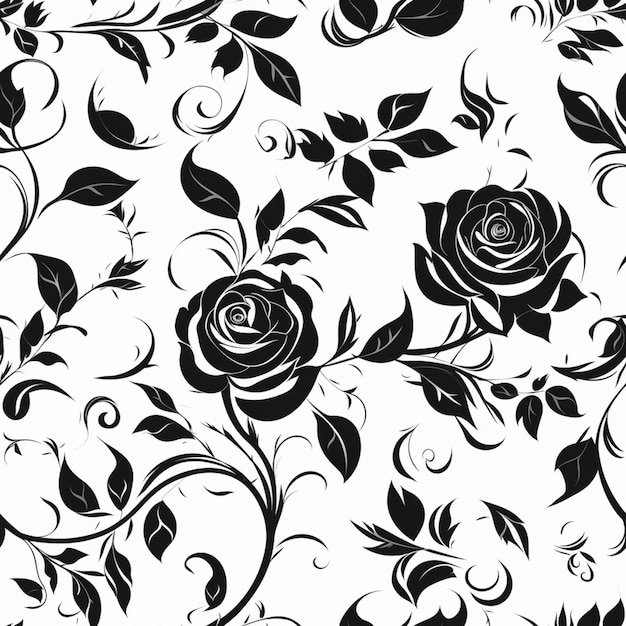 Un patrón floral en blanco y negro con rosas y hojas ai generativo