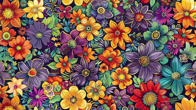 Patrón floral de colores vibrantes con flores púrpuras, naranjas, rojas y amarillas sobre un fondo oscuro