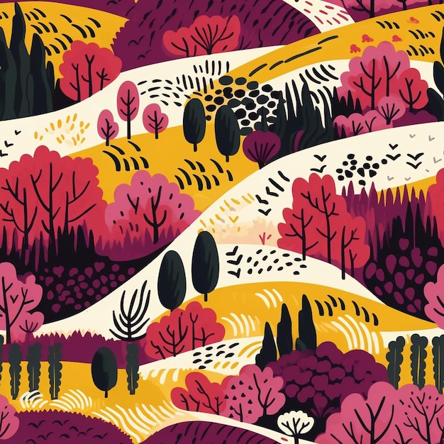 Foto un patrón floral colorido con un bosque en el fondo.
