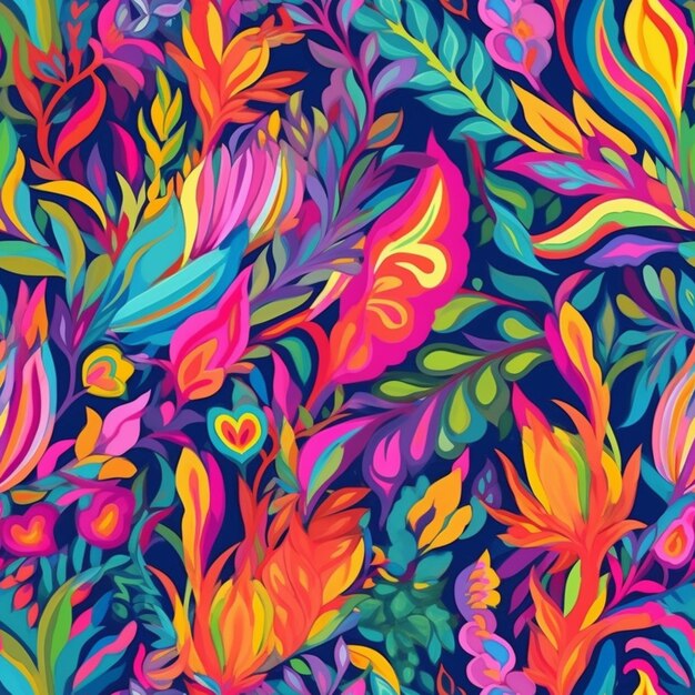 Un patrón floral colorido con colores brillantes en un fondo oscuro generativo ai