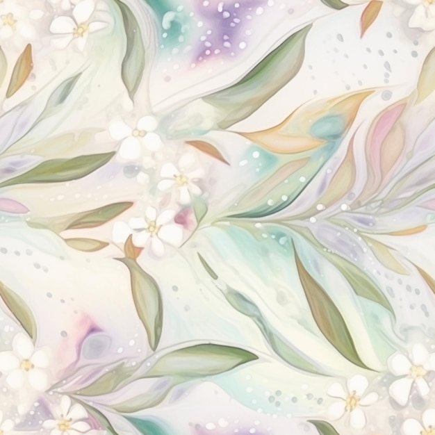Un patrón floral colorido con flores blancas y hojas verdes.