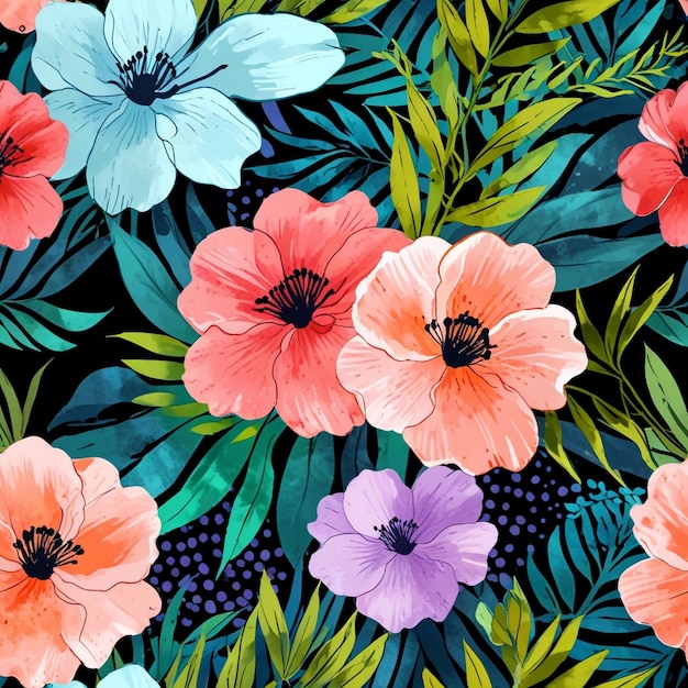 un patrón floral colorido con flores y hojas