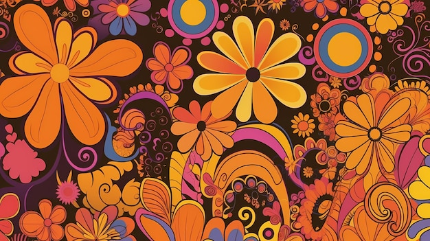 Un patrón floral colorido con flores naranjas, amarillas y moradas.