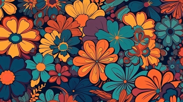 Un patrón floral colorido con flores naranjas, azules y moradas.