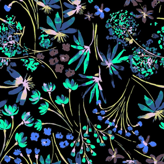 un patrón floral colorido con hojas y flores azules y verdes
