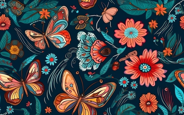 Un patrón floral colorido con mariposas y flores.