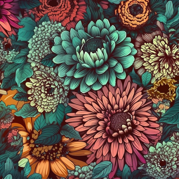 Un patrón floral colorido con muchas flores.