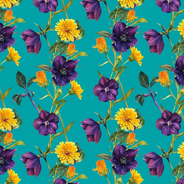 Patrón floral sin costuras con flores de acuarela sobre un fondo azul azulado