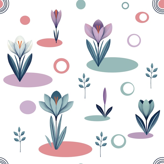 Patrón floral sin costuras de flores de crocus y círculos en colores pastel