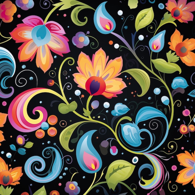 Patrón floral sin costuras con flores y hojas de colores sobre un fondo oscuro