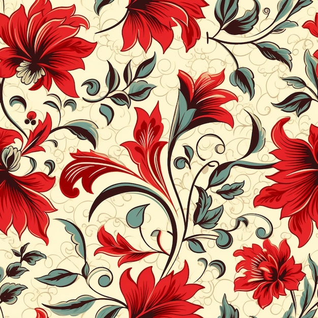 patrón floral sin costuras con flores rojas y hojas verdes en un fondo crema generativo ai