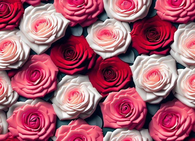 Patrón floral sin costuras de hermosa flor rosa roja y blanca sobre fondo blanco aislado