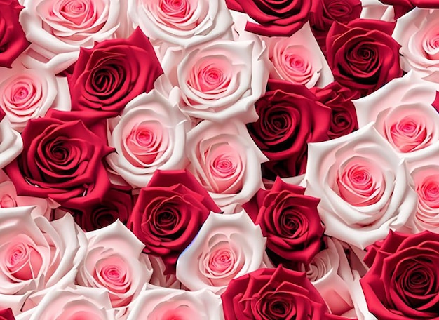 Patrón floral sin costuras de hermosa flor rosa roja y blanca sobre fondo blanco aislado