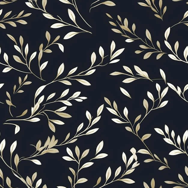 Foto un patrón floral sin costuras con hojas de oro en un fondo negro generativo ai