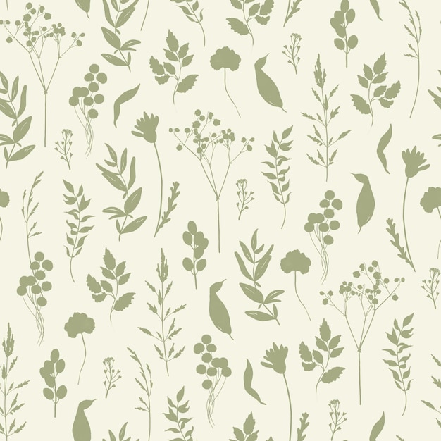 Patrón floral sin costuras Silueta verde de hierbas silvestres hojas de ramita y flores sobre fondo beige