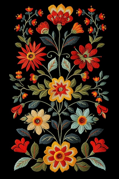 Foto patrón floral en estilo de bordado sobre un fondo negro